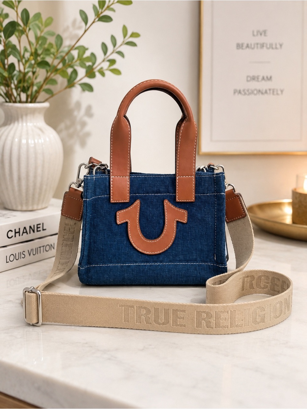 True Religion Blue Denim Mini Crossbody with Tan Leather Trim